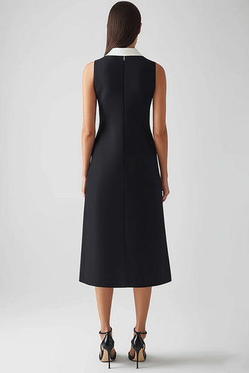 Black and White Satin Sheath Collar Neck Long Work Dress